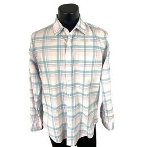 BONOBOS Mens Button Down Shirt Plaid White Blue Stretch Slim Fit L Cotton